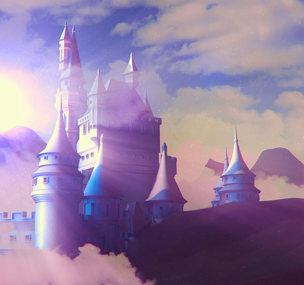 3D episodic animation scene featuring a fantasy castle in a magical landscape