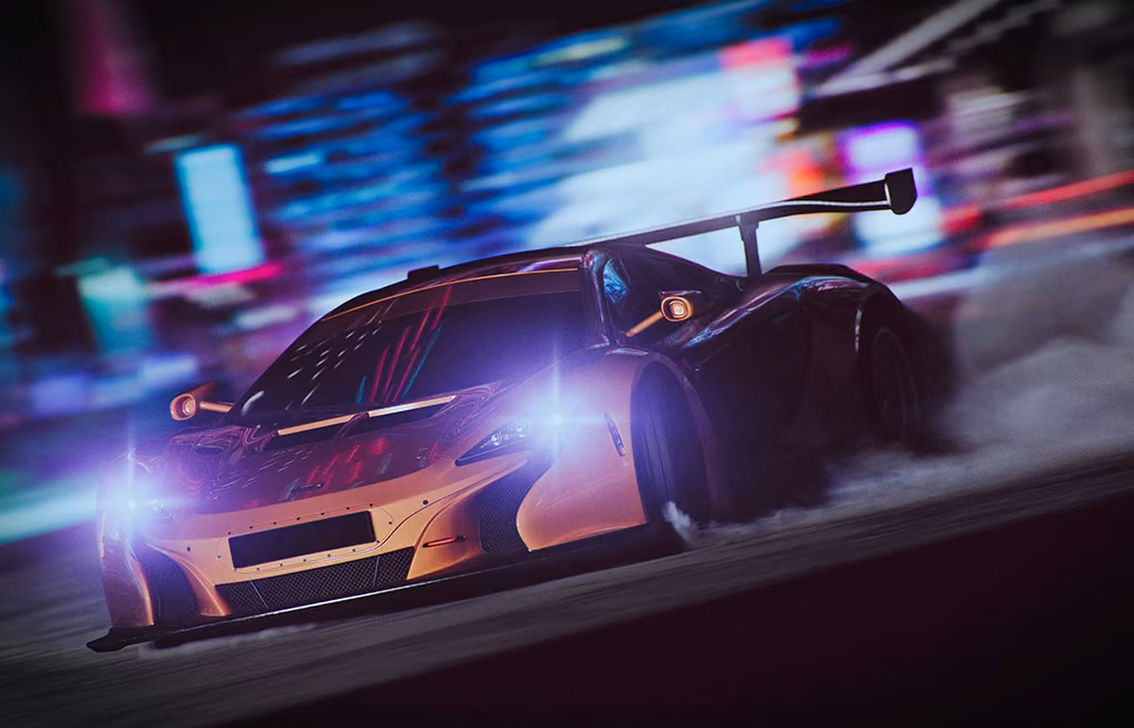 Luxury sports car racing through a neon-lit city at night