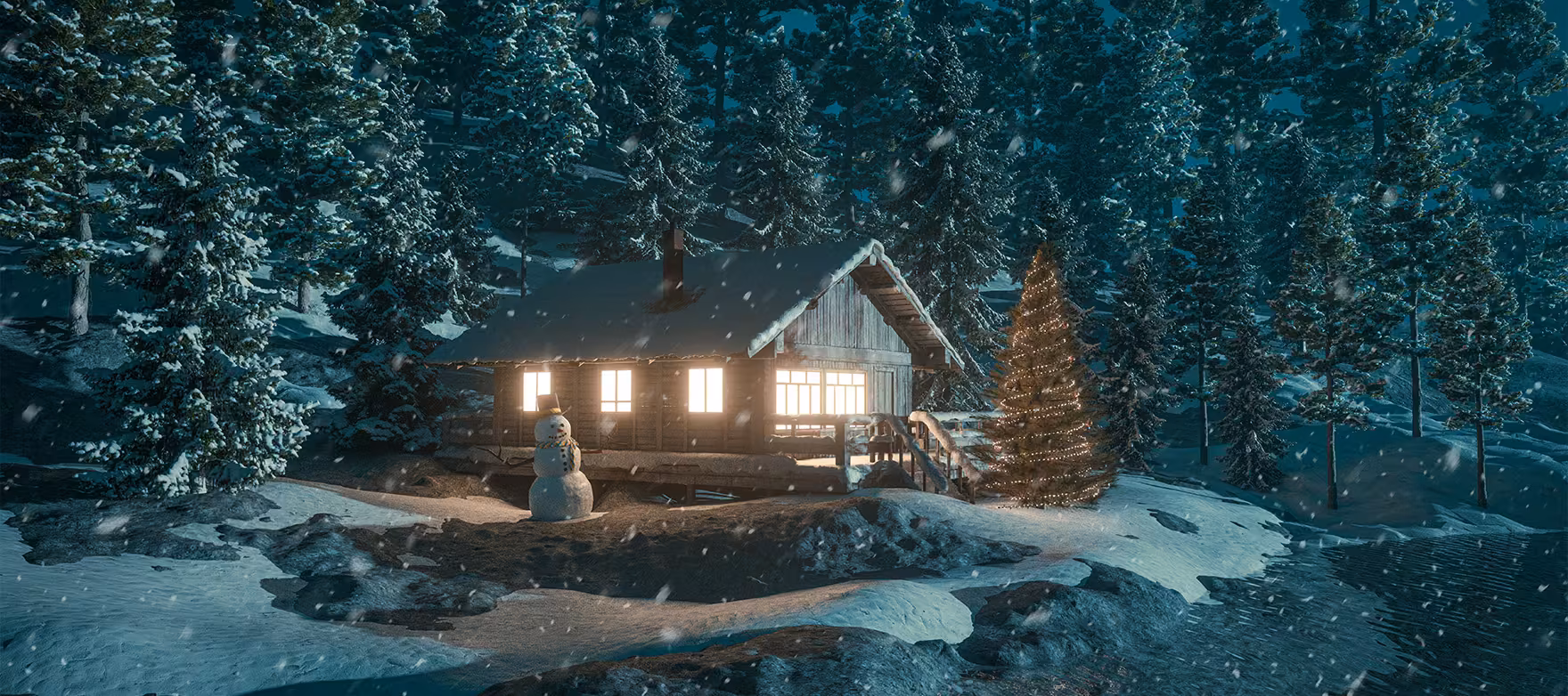 Snow-covered cabin in a winter forest with a Christmas tree and snowman